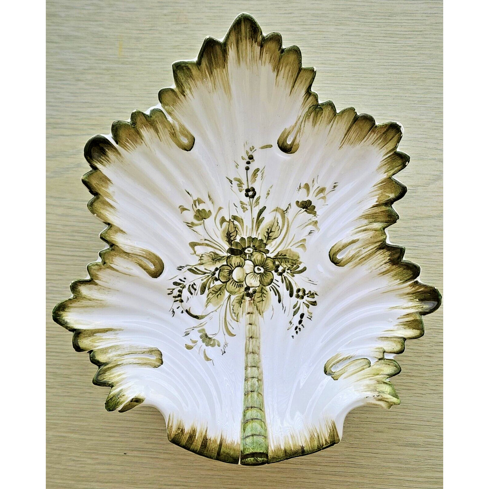 Trinket Dish-Vintage-Candy Dish-Hand Painted-Italian-Green White-Palm Tree